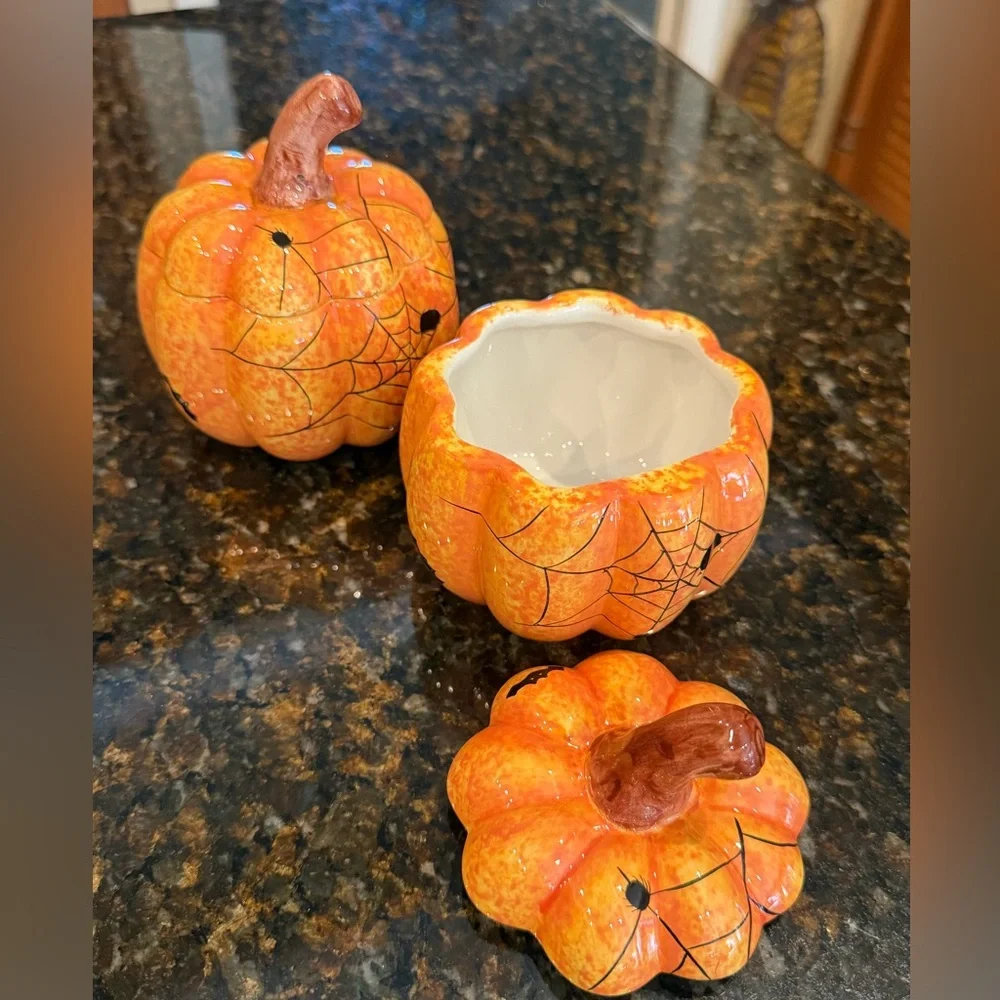 Halloween Orange Pumpkin Ceramic Containers with Lids-Set of 2